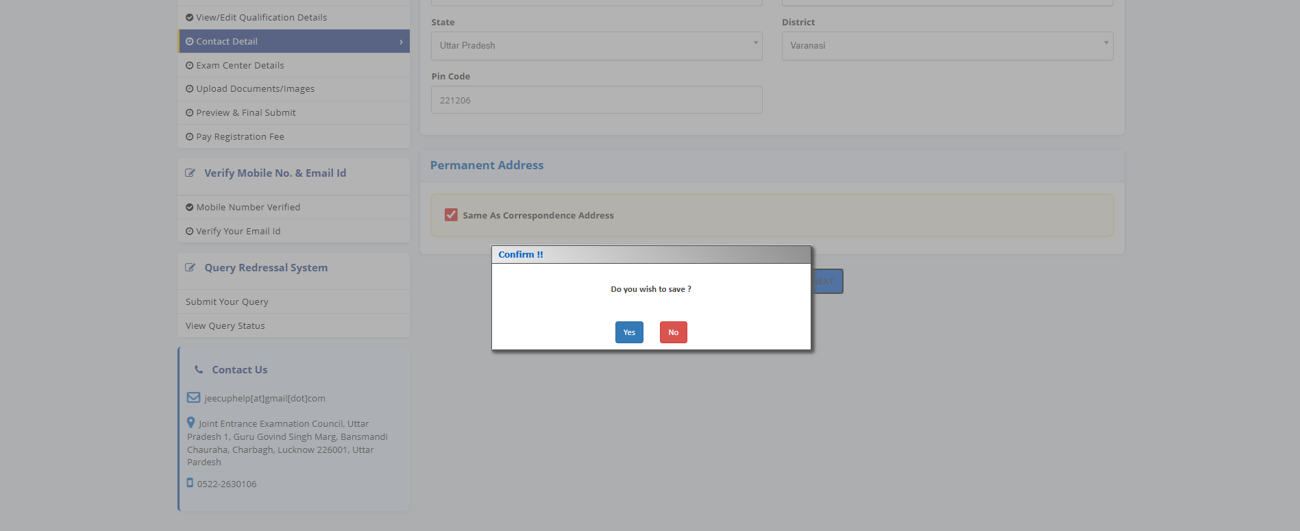 JEECUP 2026 portal screen at the contact details and exam centre step